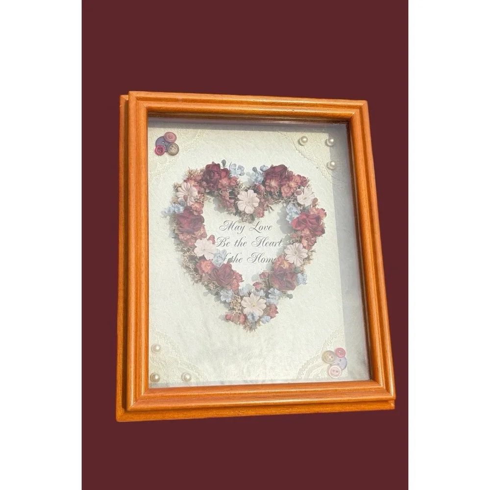 Vintage Floral Heart Dried Flowers Shadow Box Hanging Wall Decor, Love 8x10